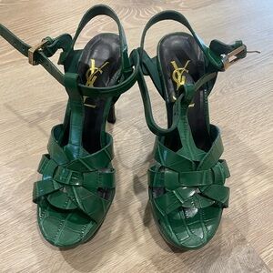 Yves Saint Laurent green embossed Tribute Platform Sandals size 37